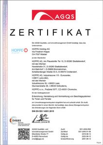 HOPPE Zertifikat DIN EN ISO 14001:2015 (Umwelt-Management)