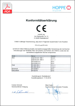 HOPPE CE-Konformitätserklärung für den eFenstergriff ConnectHome mit den Funkrosetten FR-415 und FR-416