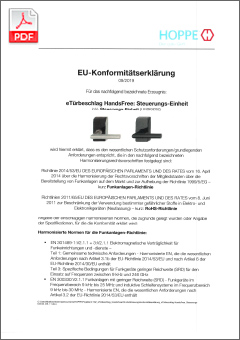 HOPPE EU-Konformitätserklärung für den eTürbeschlag HandsFree (Steuerungs-Einheit HKSI0232)
