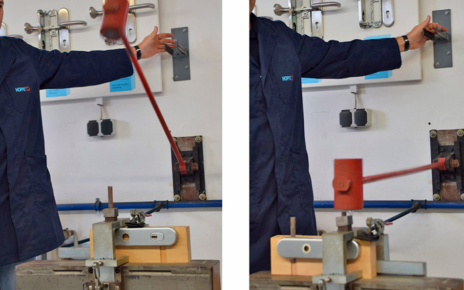 Mit einem kiloschweren Hammer wird im HOPPE-Prüflabor geprüft, wie lange ein Schutzbeschlag einem Abschlagversuch von der Tür standhält.