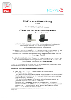 HOPPE Declaración de Conformidad UE eManilla HandsFree de puerta (Unidad de control HKSI0232)