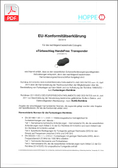 HOPPE Declaración de Conformidad UE eManilla HandsFree de puerta (mando a distancia AKG0241)
