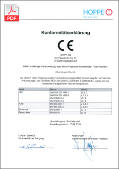 HOPPE Déclaration de conformité CE – ePoignée de fenêtre ConnectHome avec les rosaces radio FR-415 et FR-416