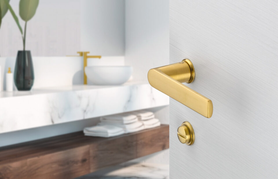 Garniture HOPPE, ligne Los Angeles, F78-1-R aspect laiton satiné clair – Resista Garniture HOPPE, ligne Los Angeles, F78-1-R aspect laiton satiné clair – Resista