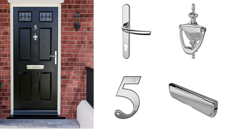 An ARRONE suited range of door handles, letter plates and numerals