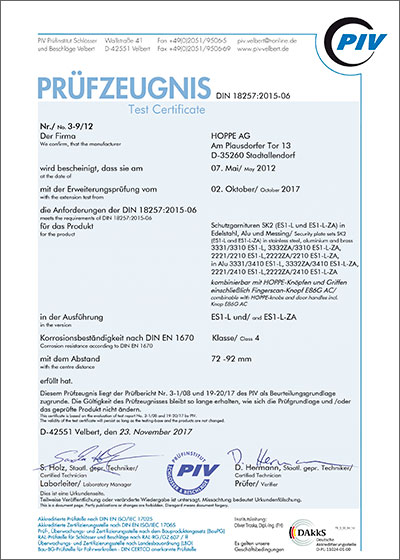 Test certificate DIN 18257