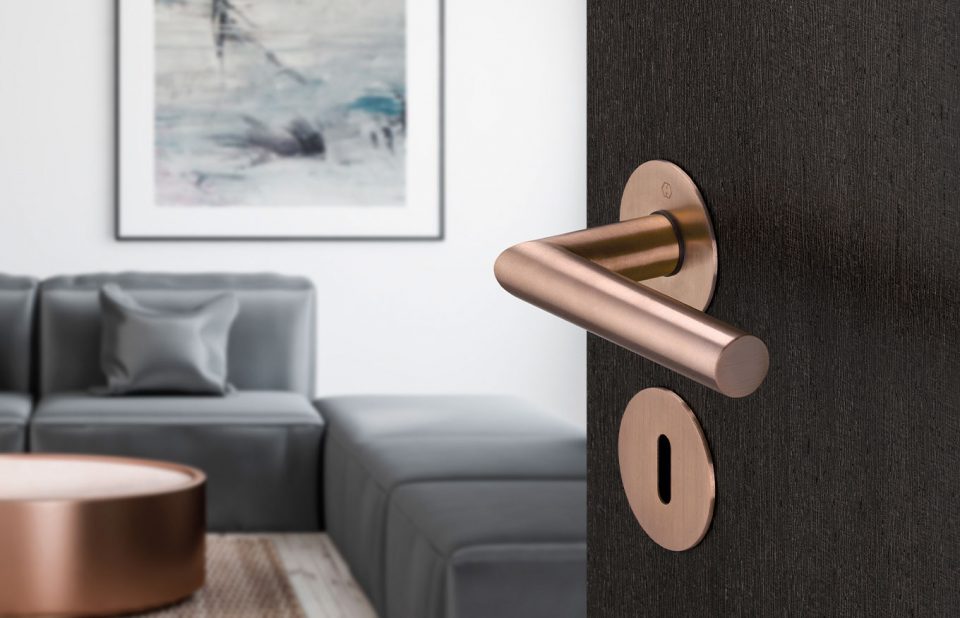 HOPPE door handle set, Amsterdam series, copper-coloured satin – Resista® (F84-1-R)