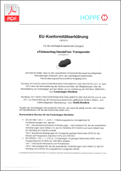 Deklaracja zgodności CE od HOPPE na ePochwyt HandsFree (Transponder AKG0241)